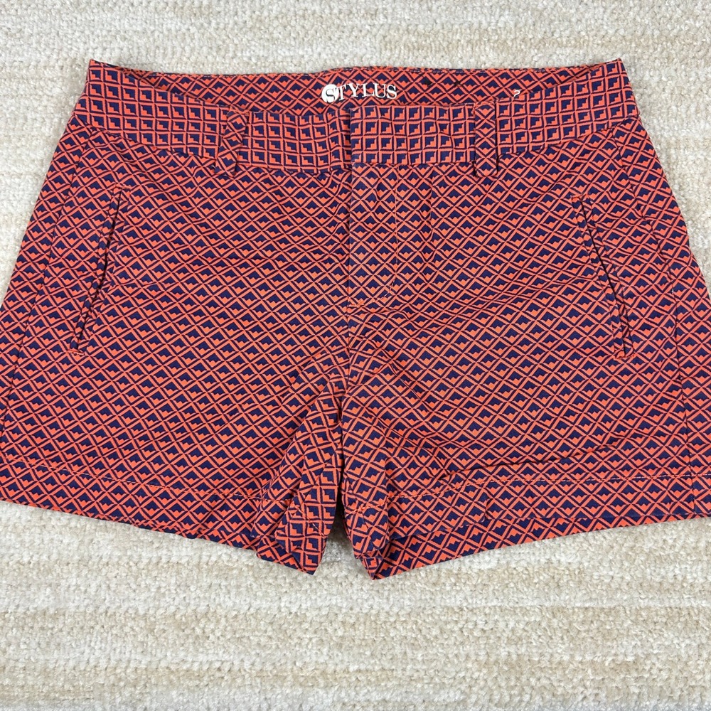 Stylus Womens Boho Preppy Geometric Diamond Print Cotton Chino Shorts Orange 2